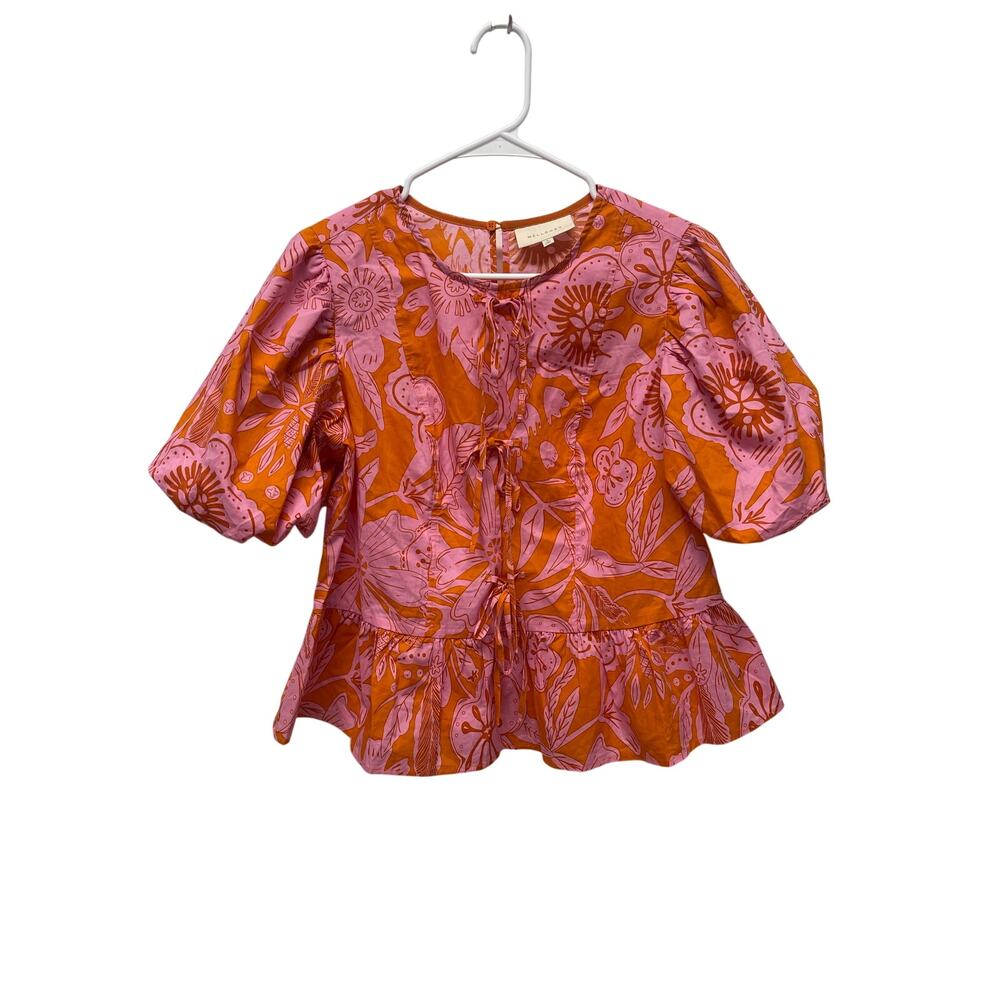 Melloday Vibrant pink & orange floral puff sleeve blouse hip length size small